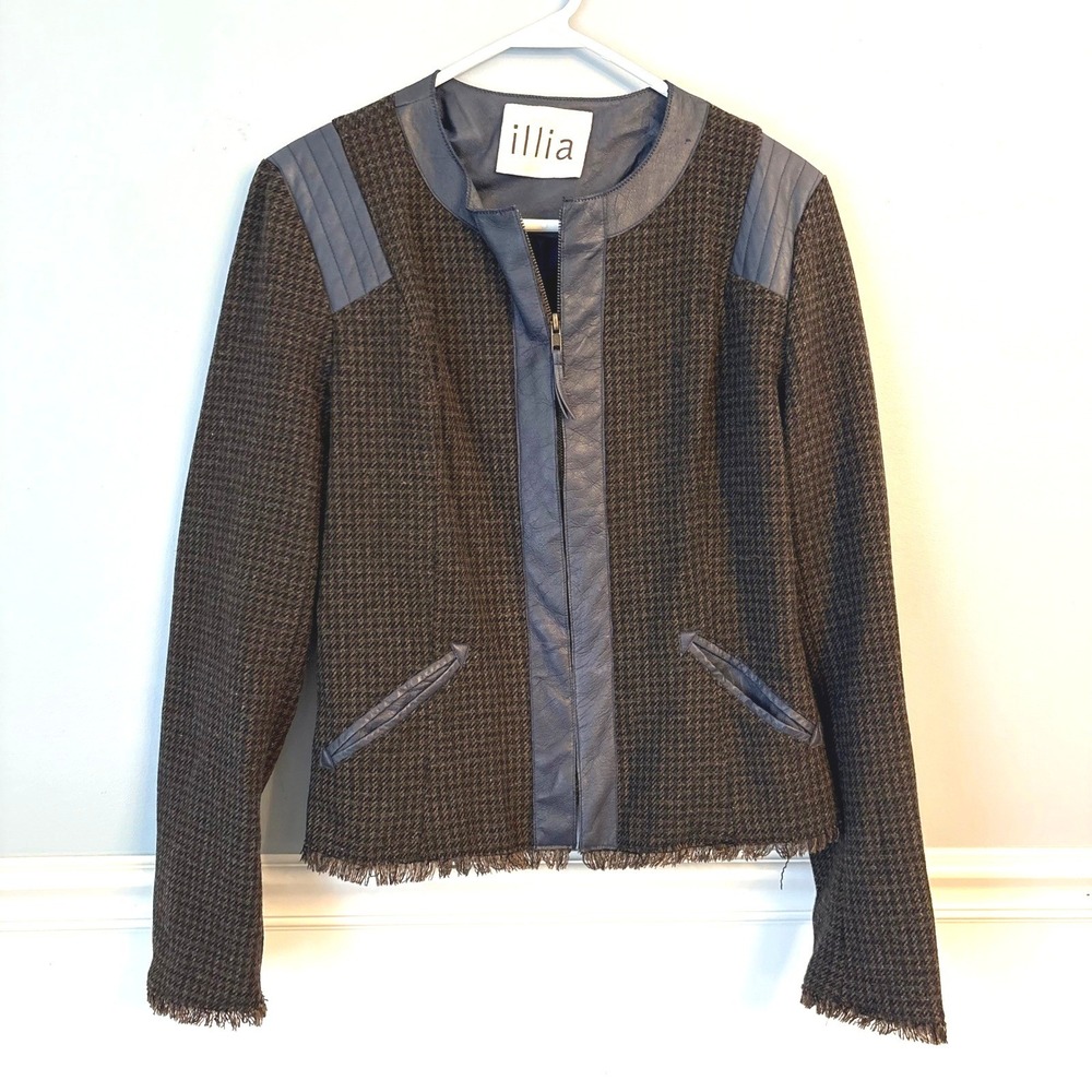 Illia Leather Moto Jacket Brown Houndstooth Blue Trim Wool Silk Coat Size 10